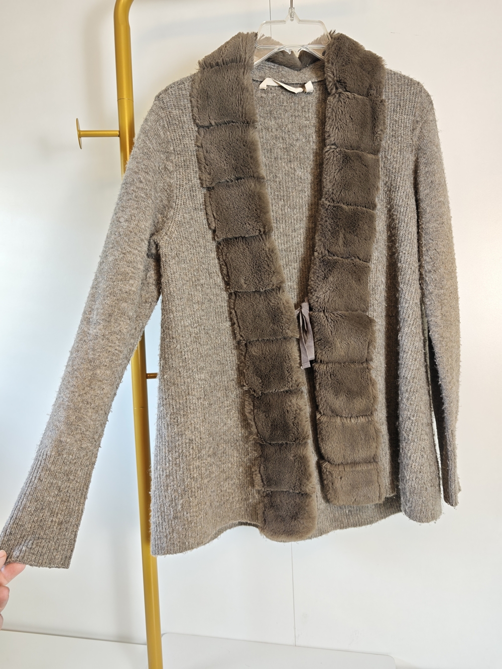 Old Money Minimalist Faux Fur Trim Taupe Cardigan Sweater XS